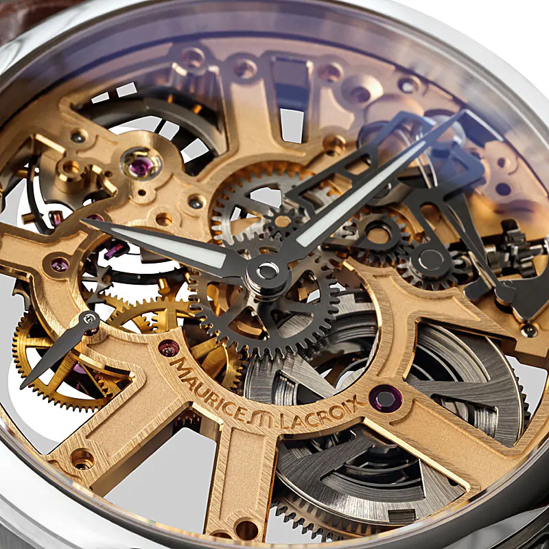 Produktfotografie für Onlinehandel Detailaufnahme Ziffernblatt Armbanduhr mit sichtbarem Uhrwerk